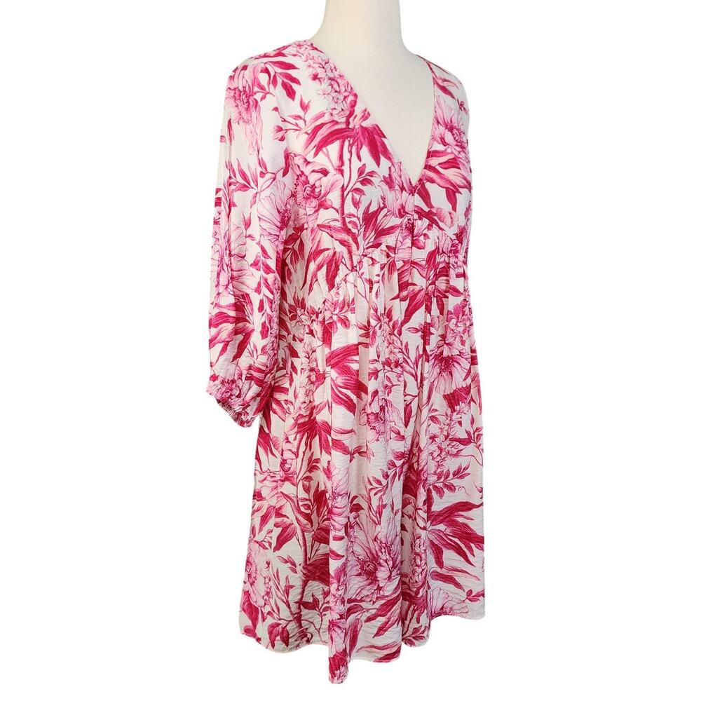H&M Womens Floral Dress Size Medium Pink White Balloon Sleeves Babydoll Neckline